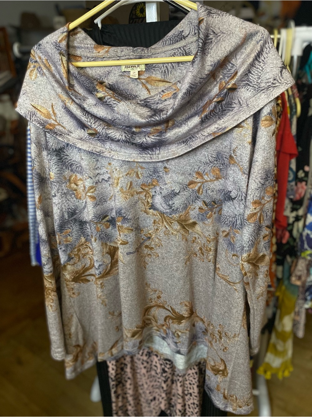 One world Taupe Cowl Neck Sweater with Gold Floral Print